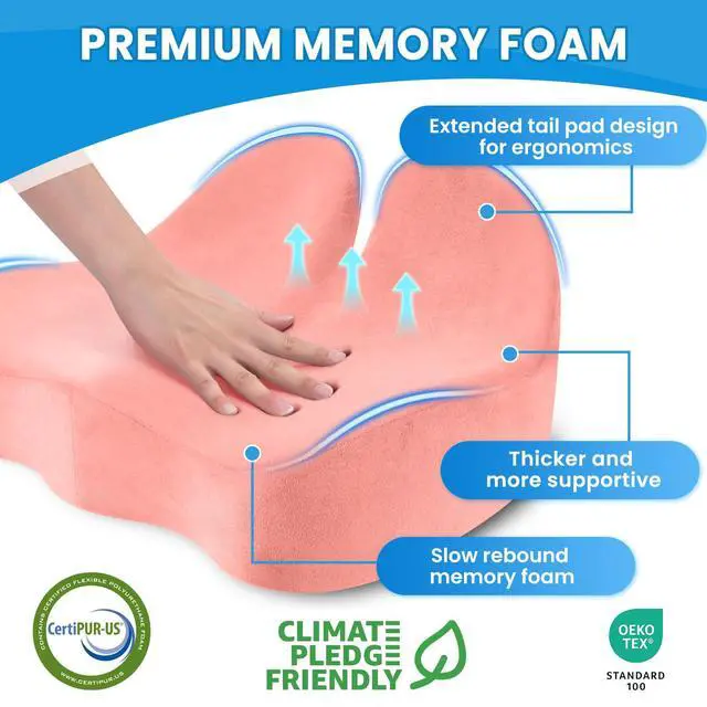 Alt view image 3 of 7 - Extra Large Seat Cushion, Sciatica Support for Office Chair, Pink Ergonomic Office Chair Cushion for Hip & Tailbone Pain Relief, Memory Foam Cushion for Car, Long Trip, Desk Chair, Lab