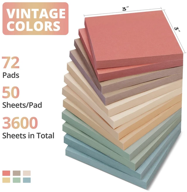 Alt view image 2 of 7 - 72 Pads Sticky Notes, 3x3 Inch, Aesthetic Self-Stick Notes, Vintage Bulk Self-Stick Note Pads for Office, School, Home, Ideal for Planning, Notes, Reminders and Organization, 50 Sheets/Pad
