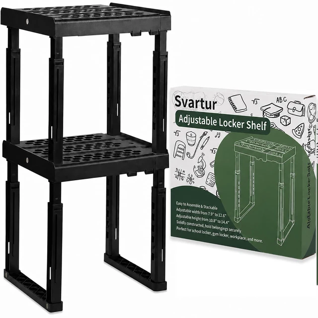 Main image of Locker Shelf Height and Width Adjustable, Locker Organizer for Work, Stack-able Locker Stand Tools for Gym Locker, Locker Accessories Stuff, Black, Pack of 2