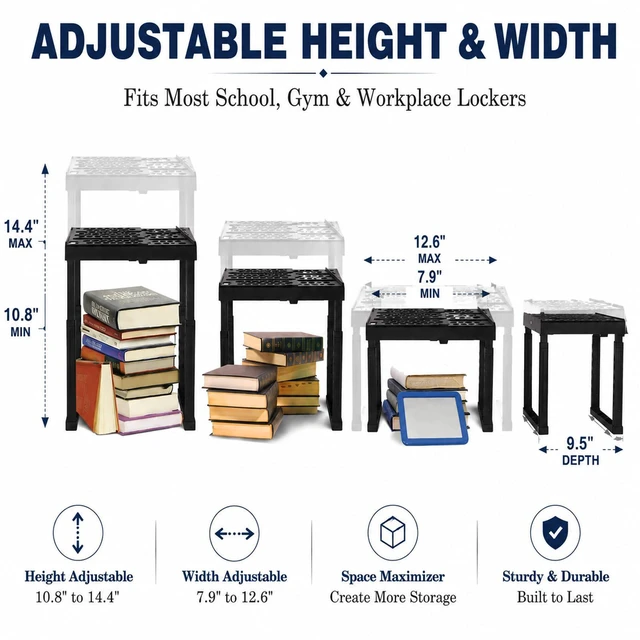 Alt view image 2 of 7 - Locker Shelf Height and Width Adjustable, Locker Organizer for Work, Stack-able Locker Stand Tools for Gym Locker, Locker Accessories Stuff, Black, Pack of 2