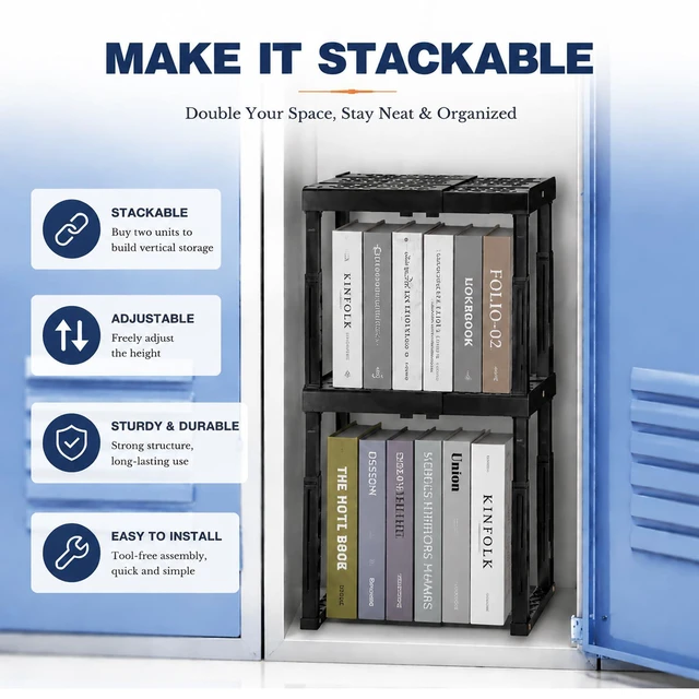 Alt view image 3 of 7 - Locker Shelf Height and Width Adjustable, Locker Organizer for Work, Stack-able Locker Stand Tools for Gym Locker, Locker Accessories Stuff, Black, Pack of 2