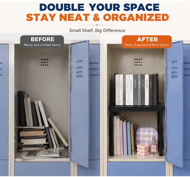 Alt view image 4 of 7 - Locker Shelf Height and Width Adjustable, Locker Organizer for Work, Stack-able Locker Stand Tools for Gym Locker, Locker Accessories Stuff, Black, Pack of 2