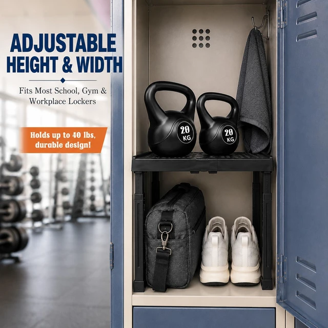 Alt view image 5 of 7 - Locker Shelf Height and Width Adjustable, Locker Organizer for Work, Stack-able Locker Stand Tools for Gym Locker, Locker Accessories Stuff, Black, Pack of 2