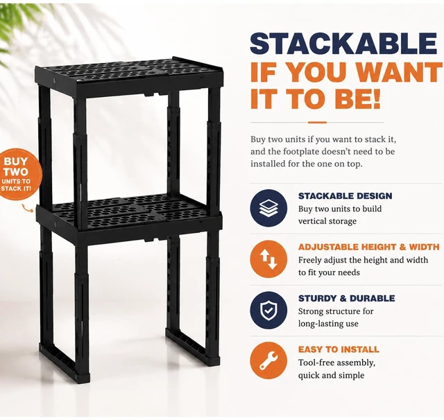 Alt view image 7 of 7 - Locker Shelf Height and Width Adjustable, Locker Organizer for Work, Stack-able Locker Stand Tools for Gym Locker, Locker Accessories Stuff, Black, Pack of 2