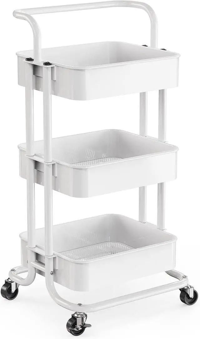 Main image of 3 Tier Rolling Cart, Utility Cart with Wheels & Handle, White Four Large 2" Wheels for Easy Motion, Sturdy Metal, Hold 22 lbs per Shelf, Ideal for Nursery Room, Living Room, Painting Room
