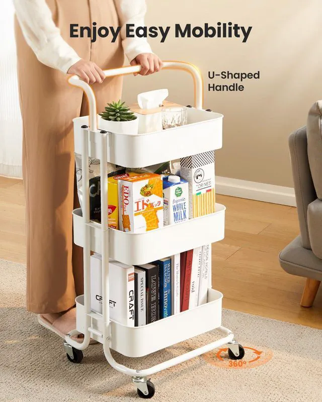 Alt view image 3 of 7 - 3 Tier Rolling Cart, Utility Cart with Wheels & Handle, White Four Large 2" Wheels for Easy Motion, Sturdy Metal, Hold 22 lbs per Shelf, Ideal for Nursery Room, Living Room, Painting Room