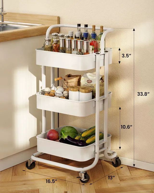 Alt view image 2 of 7 - 3 Tier Rolling Cart, Utility Cart with Wheels & Handle, White Four Large 2" Wheels for Easy Motion, Sturdy Metal, Hold 22 lbs per Shelf, Ideal for Nursery Room, Living Room, Painting Room