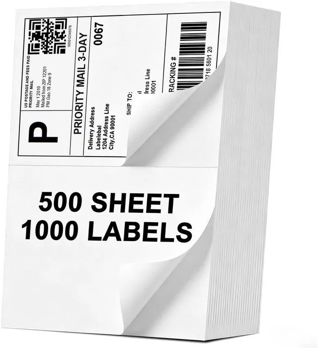 Main image of (1000 Labels/500 Sheets) Half Sheet Self Adhesive Shipping Labels for Laser & Inkjet Printers, 8.5" x 5.5" Shipping Mailing Labels, 2 Per Page Shipping Labels, 5 1/2 x 8 1/2 Half Sheet Labels