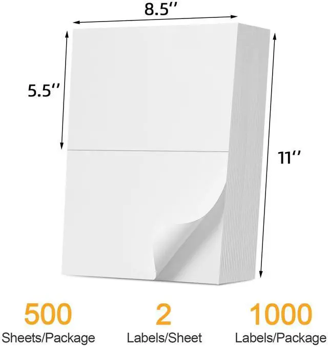 Alt view image 2 of 7 - (1000 Labels/500 Sheets) Half Sheet Self Adhesive Shipping Labels for Laser & Inkjet Printers, 8.5" x 5.5" Shipping Mailing Labels, 2 Per Page Shipping Labels, 5 1/2 x 8 1/2 Half Sheet Labels