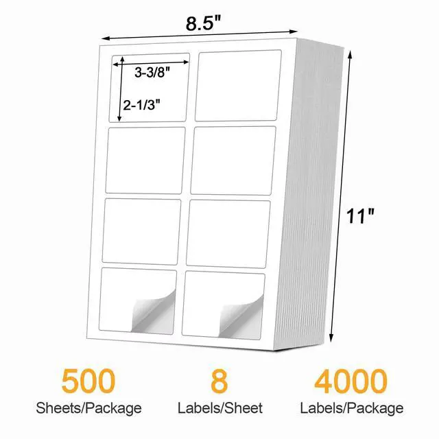 Alt view image 2 of 7 - (4000 Labels/500 Sheets) Self Adhesive Name Tag Stickers, 8 Labels per Sheet, A4 Stickers 3-3/8" x 2-1/3" for Inkjet/Laser Printers, White Sticker Shipping/Mailing Labels