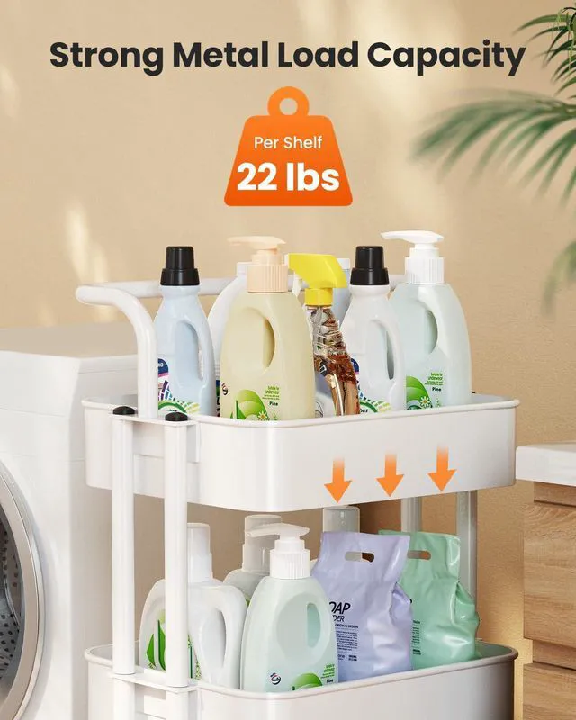 Alt view image 5 of 7 - 3 Tier Rolling Cart, Utility Cart with Wheels & Handle, White Four Large 2" Wheels for Easy Motion, Sturdy Metal, Hold 22 lbs per Shelf, Ideal for Nursery Room, Living Room, Painting Room