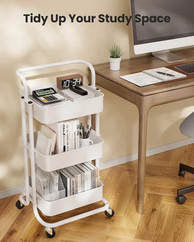 Alt view image 7 of 7 - 3 Tier Rolling Cart, Utility Cart with Wheels & Handle, White Four Large 2" Wheels for Easy Motion, Sturdy Metal, Hold 22 lbs per Shelf, Ideal for Nursery Room, Living Room, Painting Room