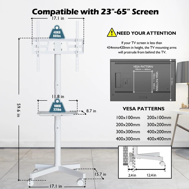 Alt view image 2 of 7 - Rolling TV Stand with Tilt,Mobile TV Stand Wheels for 2365 Inch TVs Portable TV Cart with Adjustable Shelf for Living Room, Bedroom, Outdoor TV Stand Holds 88 lbs, Max VESA 400x400mm, White