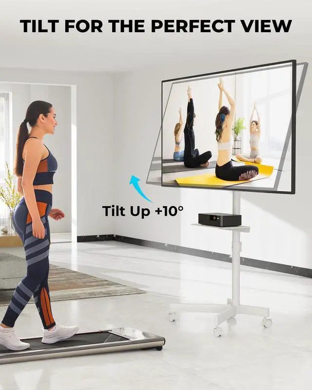 Alt view image 4 of 7 - Rolling TV Stand with Tilt,Mobile TV Stand Wheels for 2365 Inch TVs Portable TV Cart with Adjustable Shelf for Living Room, Bedroom, Outdoor TV Stand Holds 88 lbs, Max VESA 400x400mm, White