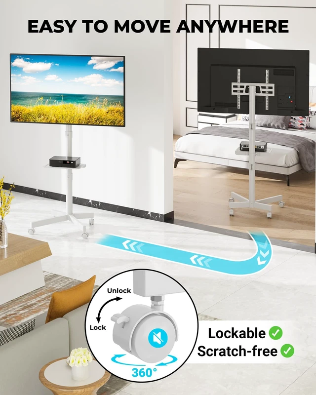 Alt view image 5 of 7 - Rolling TV Stand with Tilt,Mobile TV Stand Wheels for 2365 Inch TVs Portable TV Cart with Adjustable Shelf for Living Room, Bedroom, Outdoor TV Stand Holds 88 lbs, Max VESA 400x400mm, White