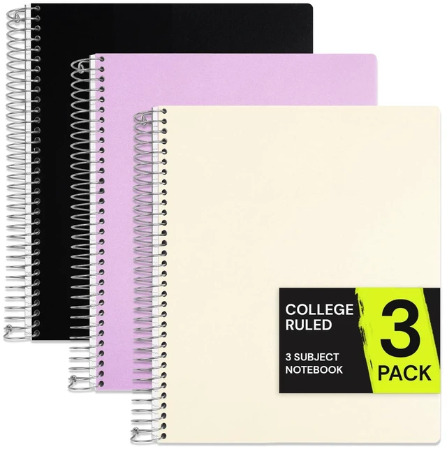 Main image of 3 Subject Spiral Notebook College Ruled 3 Pack, 300 Pages 150 Sheets, 9 x 11 in, 6 Pack Waterproof Plastic Cover, Durable, School Notebooks, Homework, Test Prep