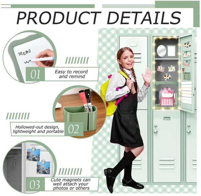 Alt view image 4 of 7 - 11 Pcs Back to School Locker Accessories Kit, Sage Green, Elegant Locker Shelf Magnetic Mirror Rug Weekly Schedule Whiteboard Pen Holder Marker and More, Locker Decor and Storage Needs
