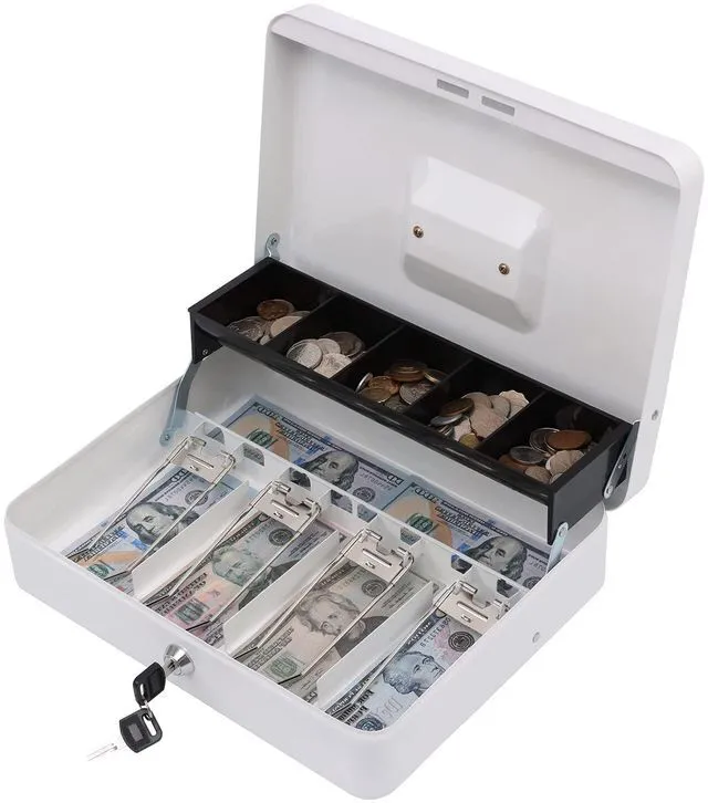 Main image of Cash Box with Key Lock, Metal Money Box, Safe Storage box, White Cash Box with Money Tray and Key Lock,Tiered, Cantilever Design,4 Bill / 5 Coin Slots,11.8" x 9.5" x 3.5"