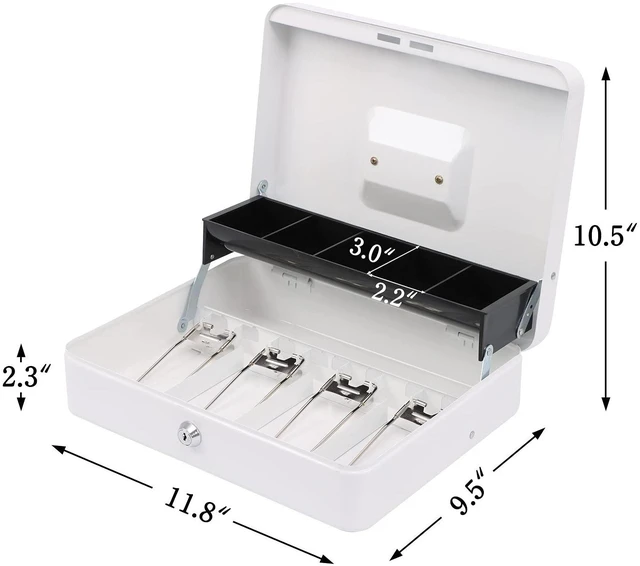 Alt view image 2 of 7 - Cash Box with Key Lock, Metal Money Box, Safe Storage box, White Cash Box with Money Tray and Key Lock,Tiered, Cantilever Design,4 Bill / 5 Coin Slots,11.8" x 9.5" x 3.5"