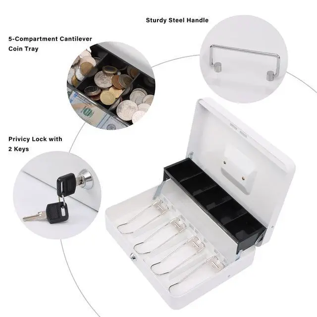 Alt view image 3 of 7 - Cash Box with Key Lock, Metal Money Box, Safe Storage box, White Cash Box with Money Tray and Key Lock,Tiered, Cantilever Design,4 Bill / 5 Coin Slots,11.8" x 9.5" x 3.5"