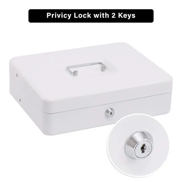 Alt view image 4 of 7 - Cash Box with Key Lock, Metal Money Box, Safe Storage box, White Cash Box with Money Tray and Key Lock,Tiered, Cantilever Design,4 Bill / 5 Coin Slots,11.8" x 9.5" x 3.5"