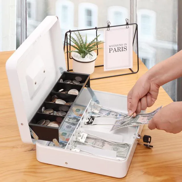 Alt view image 6 of 7 - Cash Box with Key Lock, Metal Money Box, Safe Storage box, White Cash Box with Money Tray and Key Lock,Tiered, Cantilever Design,4 Bill / 5 Coin Slots,11.8" x 9.5" x 3.5"