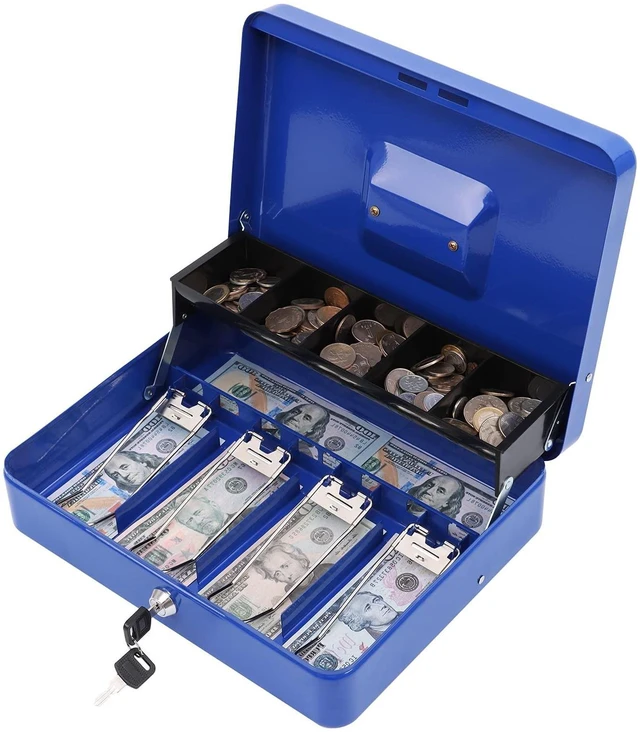 Main image of Cash Box with Key Lock, Metal Money Box, Safe Storage box, Blue Cash Box with Money Tray and Key Lock,Tiered, Cantilever Design,4 Bill / 5 Coin Slots,11.8" x 9.5" x 3.5"