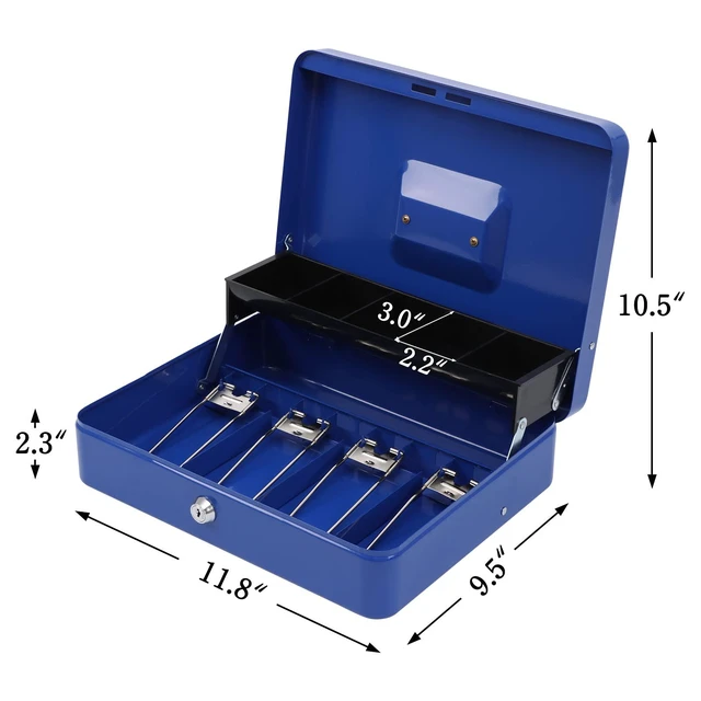Alt view image 2 of 7 - Cash Box with Key Lock, Metal Money Box, Safe Storage box, Blue Cash Box with Money Tray and Key Lock,Tiered, Cantilever Design,4 Bill / 5 Coin Slots,11.8" x 9.5" x 3.5"