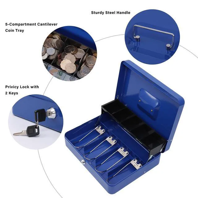 Alt view image 3 of 7 - Cash Box with Key Lock, Metal Money Box, Safe Storage box, Blue Cash Box with Money Tray and Key Lock,Tiered, Cantilever Design,4 Bill / 5 Coin Slots,11.8" x 9.5" x 3.5"