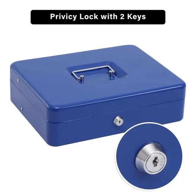 Alt view image 4 of 7 - Cash Box with Key Lock, Metal Money Box, Safe Storage box, Blue Cash Box with Money Tray and Key Lock,Tiered, Cantilever Design,4 Bill / 5 Coin Slots,11.8" x 9.5" x 3.5"