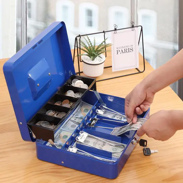Alt view image 6 of 7 - Cash Box with Key Lock, Metal Money Box, Safe Storage box, Blue Cash Box with Money Tray and Key Lock,Tiered, Cantilever Design,4 Bill / 5 Coin Slots,11.8" x 9.5" x 3.5"
