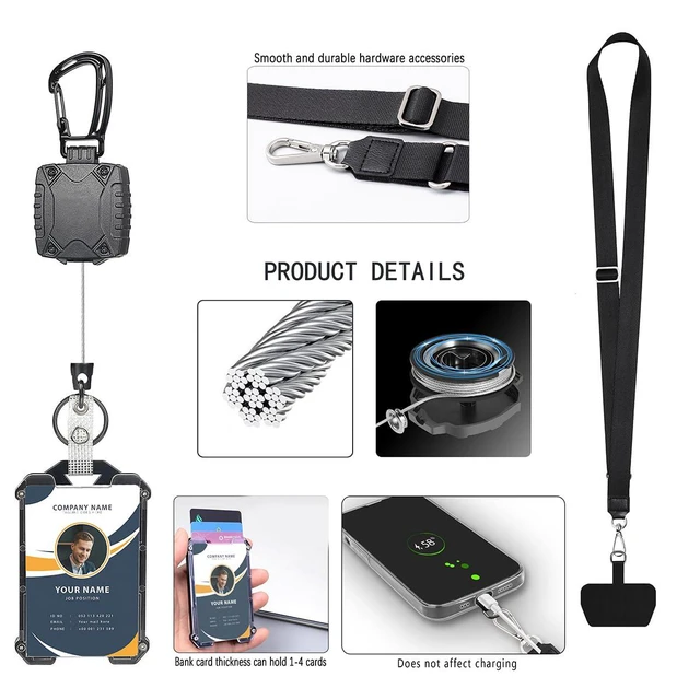 Alt view image 4 of 7 - Badge Holder Retractable Clip Heavy Duty Carabiner Badge Reel Keychain with Lanyard ID Cards Holder Cool Tactical ID Holder