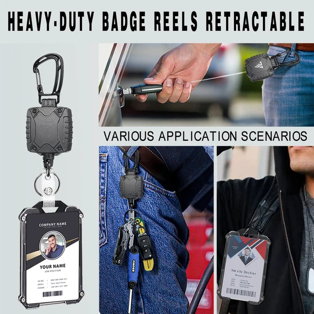 Alt view image 6 of 7 - Badge Holder Retractable Clip Heavy Duty Carabiner Badge Reel Keychain with Lanyard ID Cards Holder Cool Tactical ID Holder