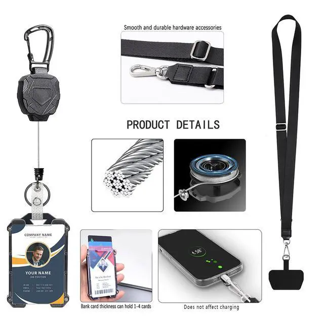 Alt view image 4 of 7 - Badge Holder Retractable Clip Heavy Duty Carabiner Badge Reel Keychain with Lanyard ID Cards Holder Cool Tactical ID Holder