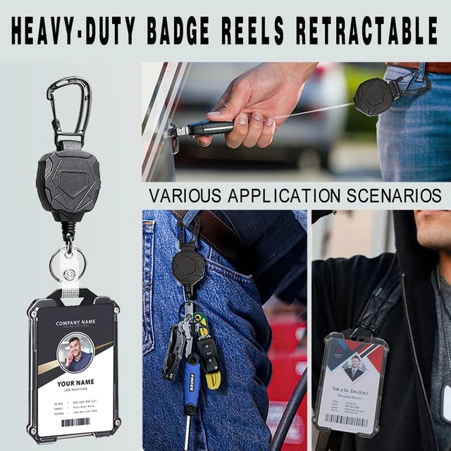 Alt view image 6 of 7 - Badge Holder Retractable Clip Heavy Duty Carabiner Badge Reel Keychain with Lanyard ID Cards Holder Cool Tactical ID Holder