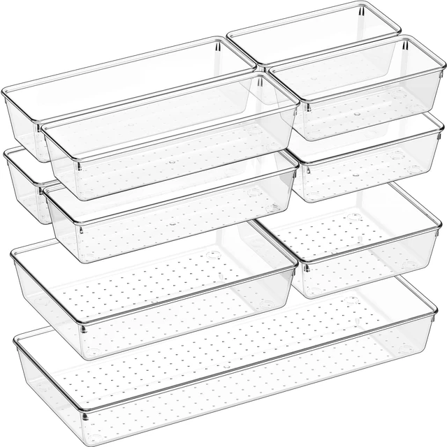 Main image of 11 PCS Clear Plastic Drawer Organizer Set - 5 Large Size Versatile Kitchen and Bathroom Organizer Trays, Non-Slip Storage Bins for Makeup, Utensils, Tool and Office Desk
