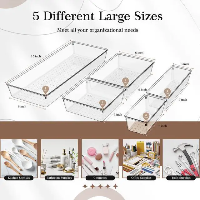Alt view image 2 of 7 - 11 PCS Clear Plastic Drawer Organizer Set - 5 Large Size Versatile Kitchen and Bathroom Organizer Trays, Non-Slip Storage Bins for Makeup, Utensils, Tool and Office Desk
