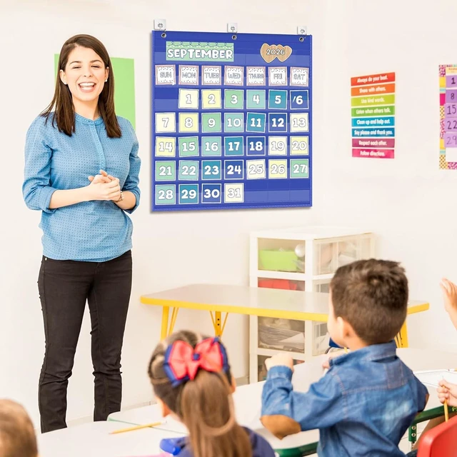 Alt view image 6 of 7 - Classroom Monthly Calendar Pocket Chart for 2.75 * 2.75 Cards,Homeschool Supplies and Classroom Must Haves! Only Chart(Blue)