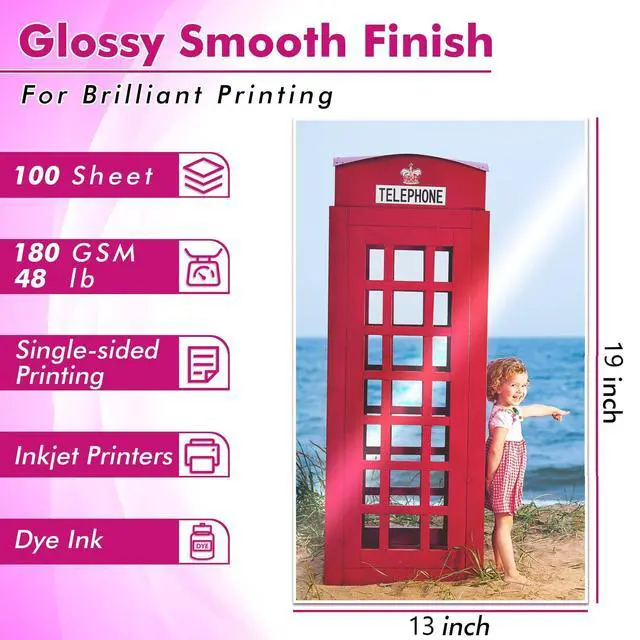 Alt view image 2 of 7 - Glossy Inkjet Photo Paper 13X19 Inches 48lb 100 Sheets Glossy Photographic Paper Compatible with Inkjet Printer Use Dye Ink 180GSM