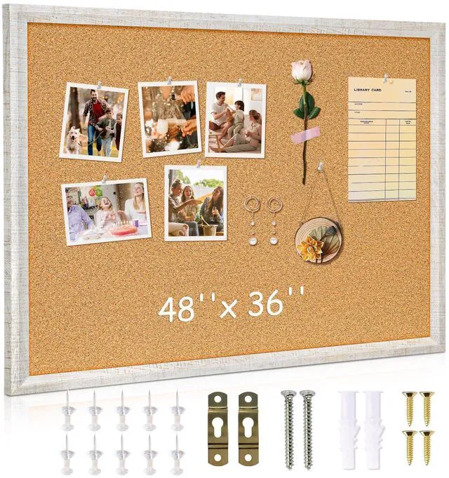 Main image of Cork Board, 48" X 36" Grey Texture Framed Bulletin Board Decorative Pin Board, Wall Hanging Notice Board, For Office & Home Decor Memo Display, With Pins