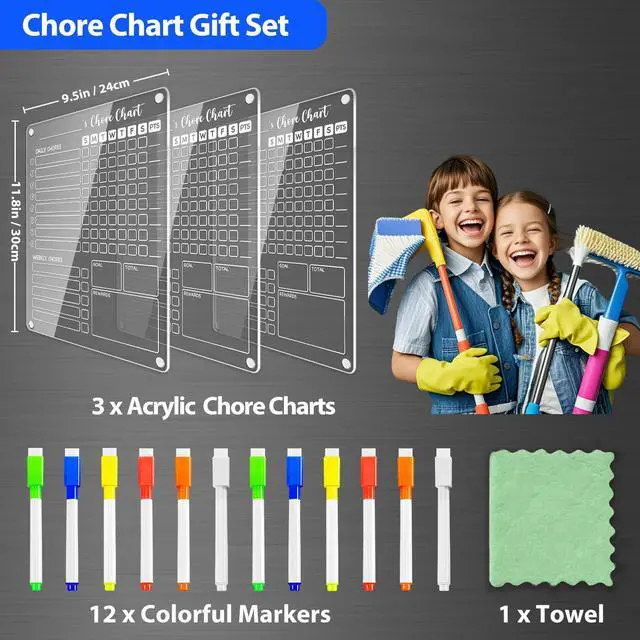 Alt view image 3 of 7 - Acrylic Magnetic Chore Chart for Kids, 12x9.5 Inch, 3 Pack Clear Dry Erase Fridge Chore and Reward Board for Multiple Kids and Teens; Embedded Magnets; 12 Wet-Erase Markers and Towel