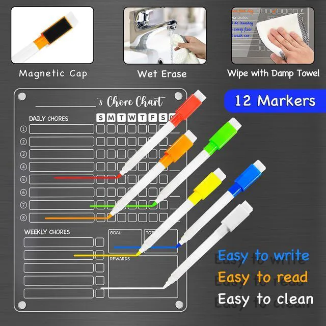Alt view image 5 of 7 - Acrylic Magnetic Chore Chart for Kids, 12x9.5 Inch, 3 Pack Clear Dry Erase Fridge Chore and Reward Board for Multiple Kids and Teens; Embedded Magnets; 12 Wet-Erase Markers and Towel
