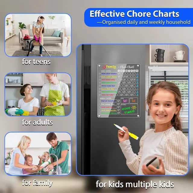 Alt view image 7 of 7 - Acrylic Magnetic Chore Chart for Kids, 12x9.5 Inch, 3 Pack Clear Dry Erase Fridge Chore and Reward Board for Multiple Kids and Teens; Embedded Magnets; 12 Wet-Erase Markers and Towel