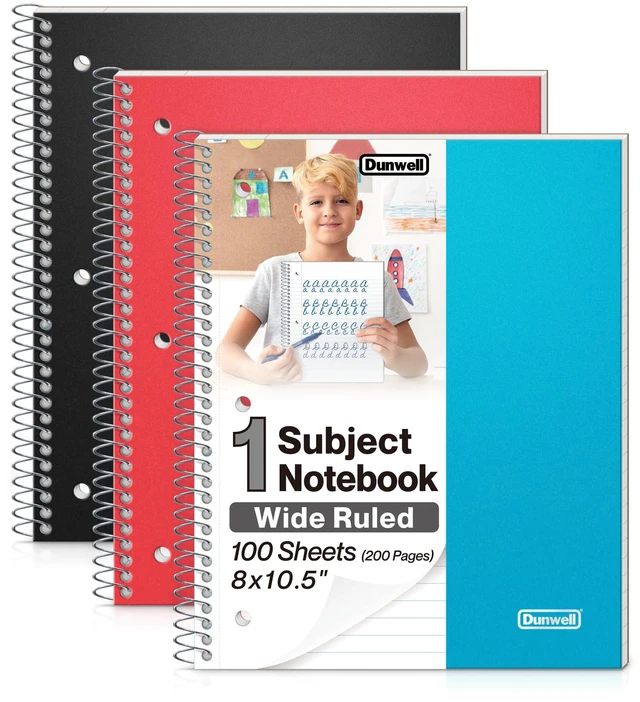 Main image of 3-Pack Spiral Notebooks 8x10.5, Wide Ruled, Red/Blue/Black 100 Sheets (200 Pages) Each, Wide Ruled Paper, Divider with Pockets, 3-Hole Punched & Perforated Pages, 3-Pack