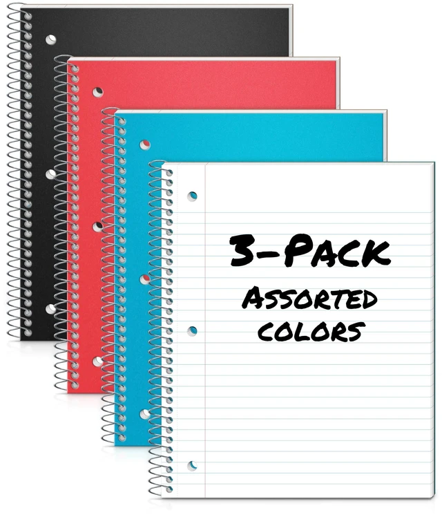 Alt view image 7 of 7 - 3-Pack Spiral Notebooks 8x10.5, Wide Ruled, Red/Blue/Black 100 Sheets (200 Pages) Each, Wide Ruled Paper, Divider with Pockets, 3-Hole Punched & Perforated Pages, 3-Pack