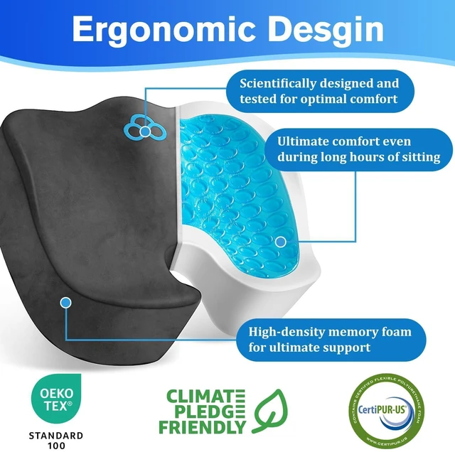 Alt view image 2 of 7 - Seat Cushion, Office Chair Cushions, 5.28 in Thick (Grey) Anti-Slip Back & Removable Cover, Ergonomic Tailbone Support Seat Cushion, Memory Foam Seat Cushion for Office
