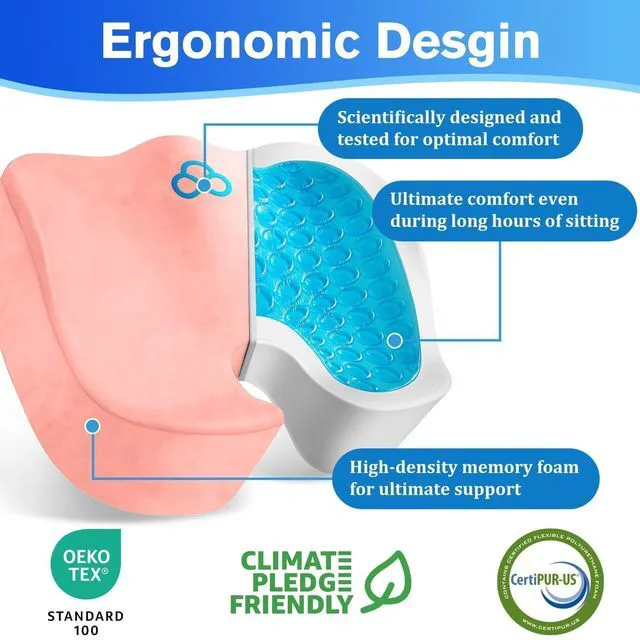 Alt view image 2 of 7 - Seat Cushion, Gel Memory Foam Office Chair Cushions, (Pink) Anti-Slip Back & Removable Cover, Ergonomic Tailbone Support Seat Cushion, Memory Foam Seat Cushion for Office