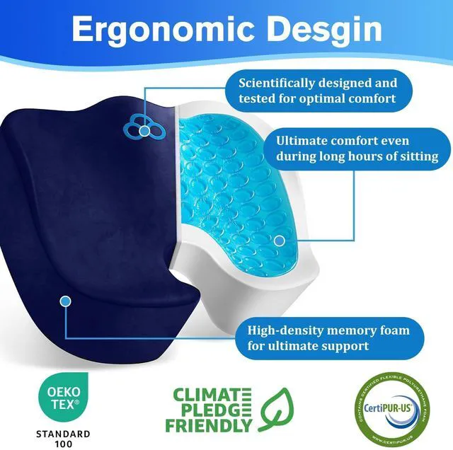 Alt view image 2 of 7 - Seat Cushion, Office Chair Cushions, 5.28 in Thick (Blue) Anti-Slip Back & Removable Cover, Ergonomic Tailbone Support Seat Cushion, Memory Foam Seat Cushion for Office