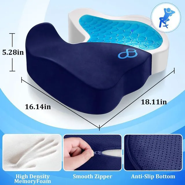 Alt view image 5 of 7 - Seat Cushion, Office Chair Cushions, 5.28 in Thick (Blue) Anti-Slip Back & Removable Cover, Ergonomic Tailbone Support Seat Cushion, Memory Foam Seat Cushion for Office