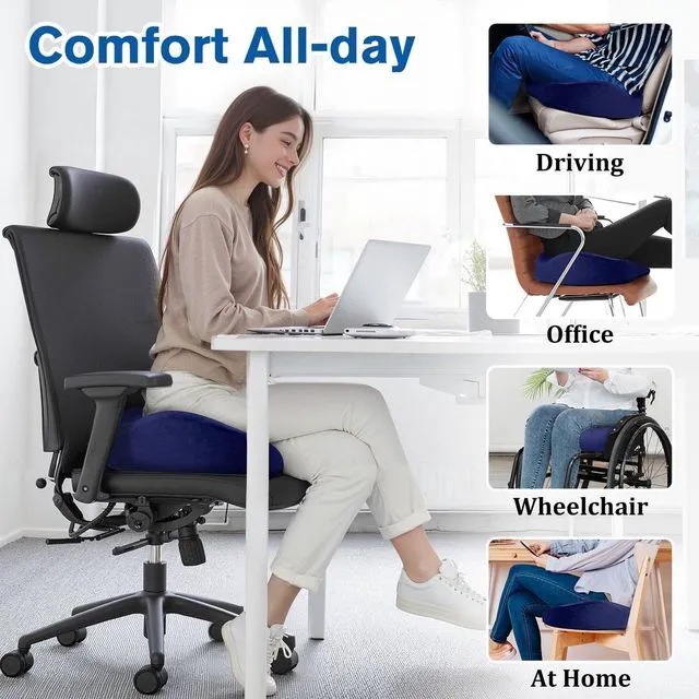 Alt view image 6 of 7 - Seat Cushion, Office Chair Cushions, 5.28 in Thick (Blue) Anti-Slip Back & Removable Cover, Ergonomic Tailbone Support Seat Cushion, Memory Foam Seat Cushion for Office